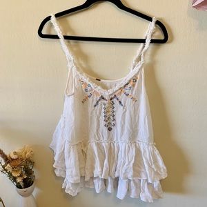 Free People Boho Floral Embroidered White Tank
